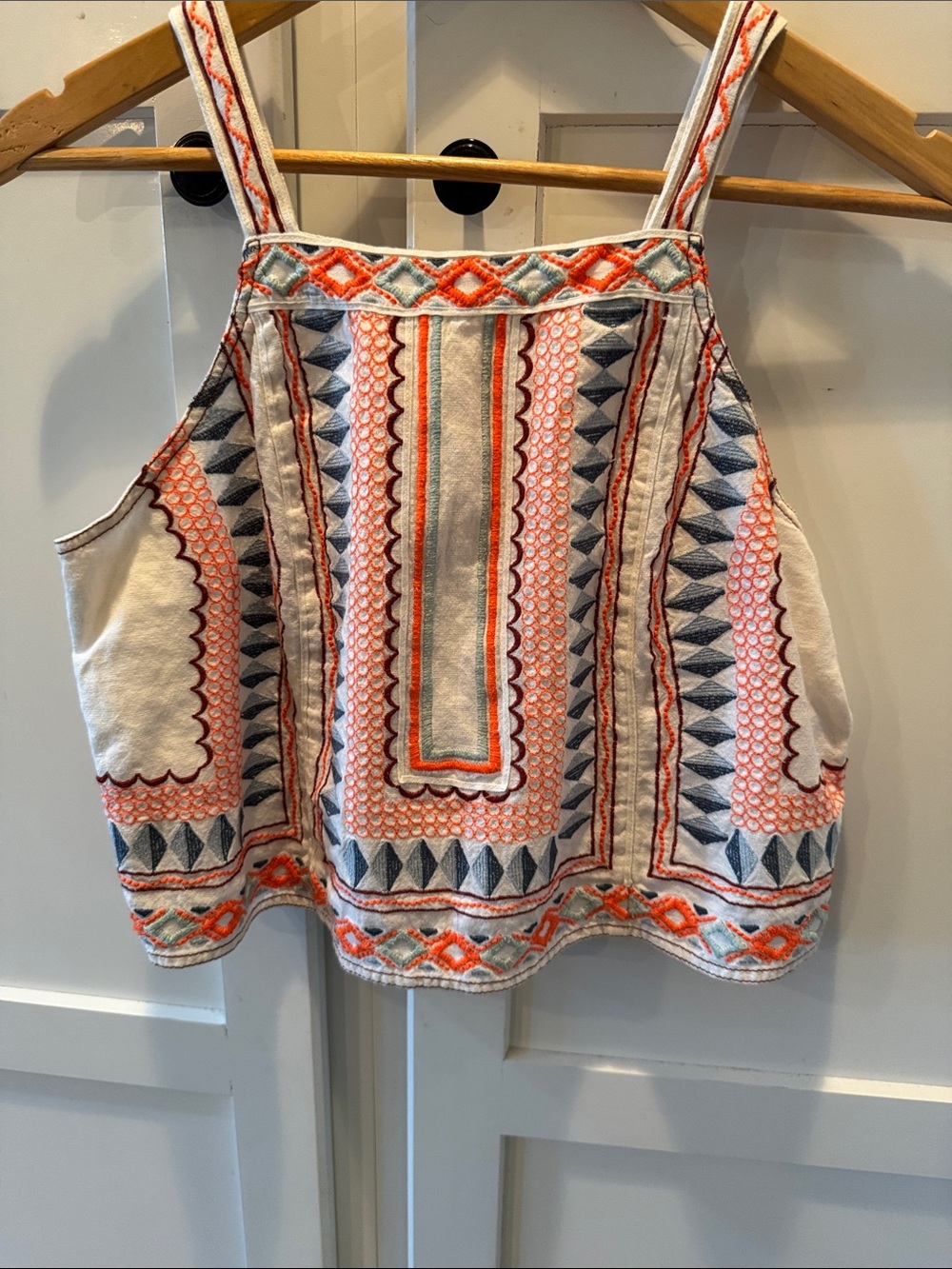 Anthropologie Cream Sleeveless Embroidered Crop Top with Orange & Blue Accents